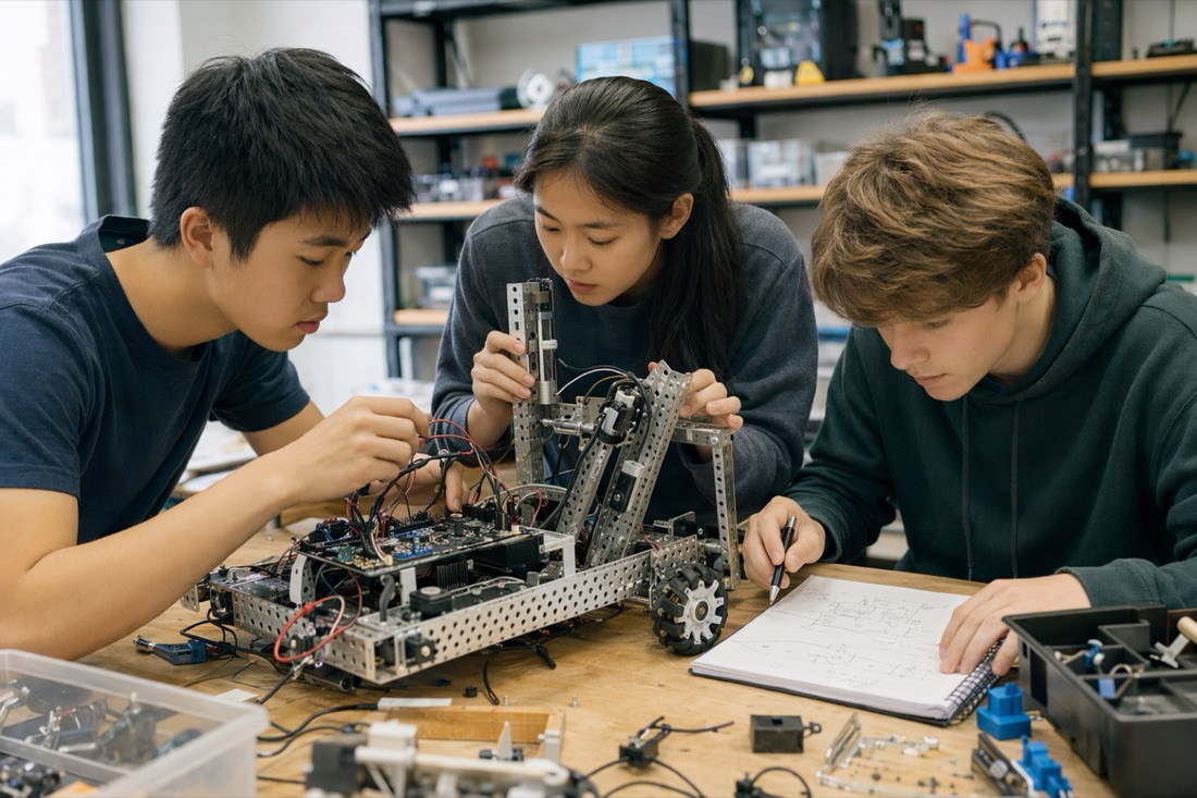 Three teen students collaborating at a workbench on a complex robotics build, engineering notebook open beside them.